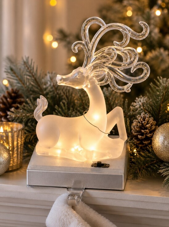 Other - Lighted Acrylic Reindeer Stocking Holder Frosted Deer Christmas Mantel Decor NIB